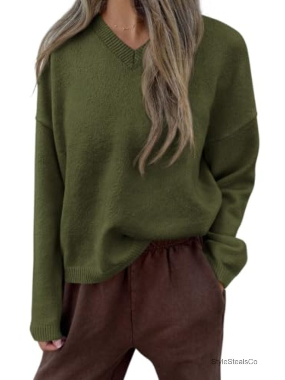 Women's Cozy V-Neck Pullover Sweater Soft Knit Long Sleeve